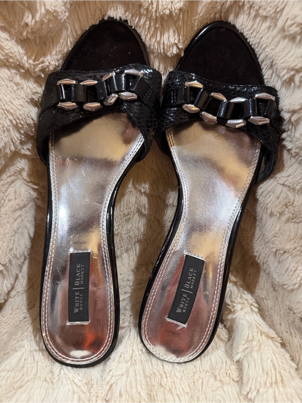 White House Black Market Black Patent Slide Sandals with Silver Chain Detail